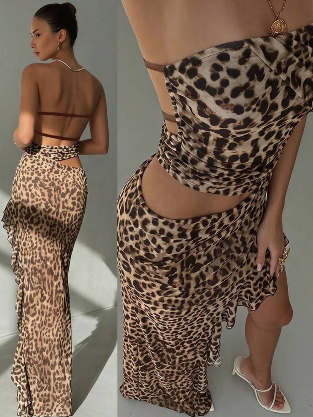 Leopard Print Backless Ruffle Maxi Dress